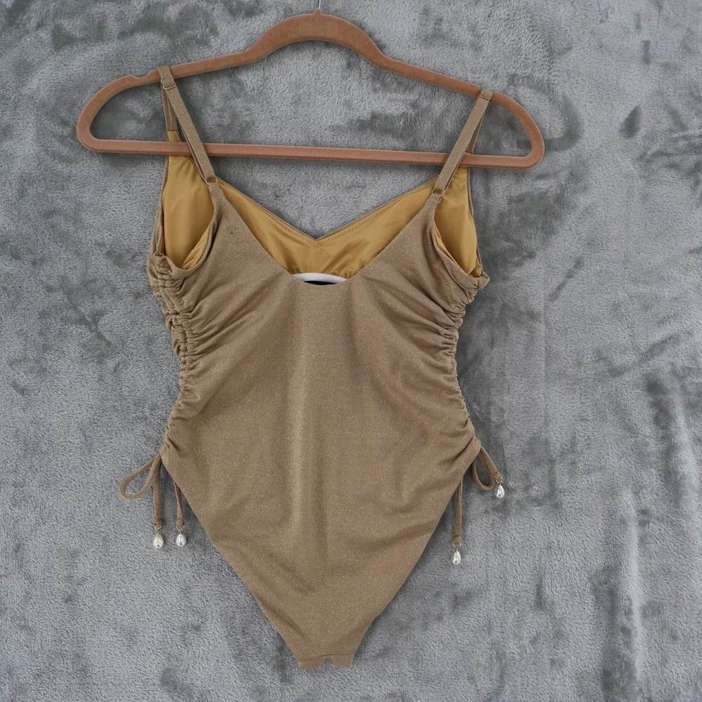 AQUA Swim One Piece Swimsuit Womens XS Gold Metallic Ruched Pearl Resort $98 NWT